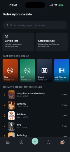 Koleksiyona ekle ekranı: barkod tarama ve arama