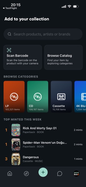 Add to collection screen: barcode scan and search